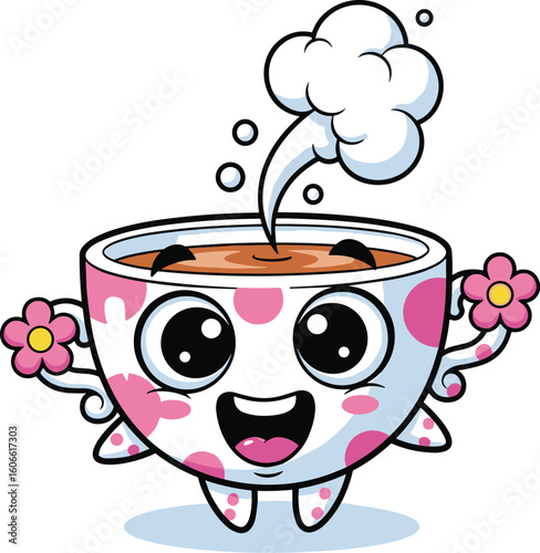 Cartoon teacup character smiles with flowers. Cute, happy mascot for beverages, tea, coffee shop, cafe, adorable, bubbly, floral, fun