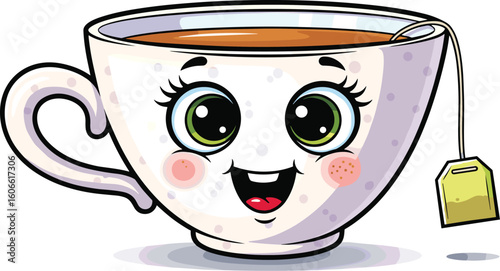 Cartoon teacup smiles with tea bag. Cute character, beverage, tea time, drink, happy, kawaii, fun, illustration, design, cafe, restaurant, cheerful