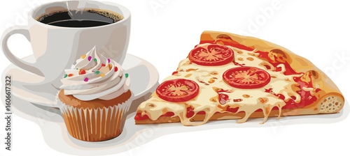 Pizza, coffee and cupcake illustrate food cravings. Fast food, sugar rush, unhealthy choices, treat, delicious, junk food, snack, convenience, indulgence.