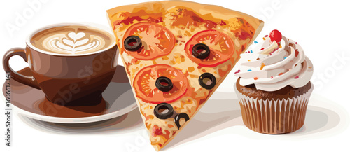 Coffee, pizza, and cupcake displayed on white backdrop. Indulgence, treat, lunch, dessert, snack, sugar, caffeine, cheat day, fun.
