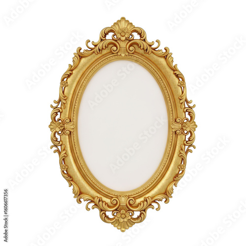 Ornate gold oval mirror with decorative frame isolated on transparent background
