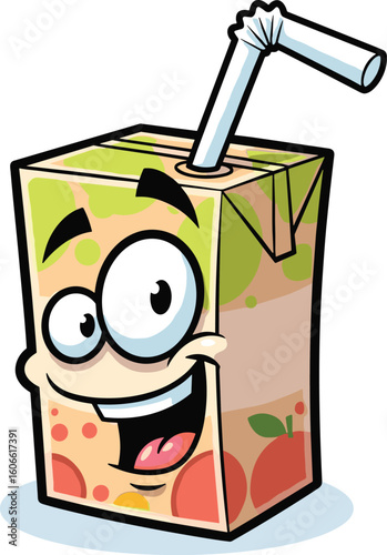 Cartoon juice box with straw smiles. Happy beverage, drink character, kids' packaging, food illustration, mascot, funny, cheerful, animated, healthy, refreshment, nutrition