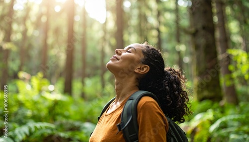 Female hiker taking a deep breath, connecting with nature in a sunlit forest.