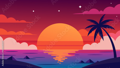 Stunning Sunset Over a Tropical Ocean Bay Digital Art Creation