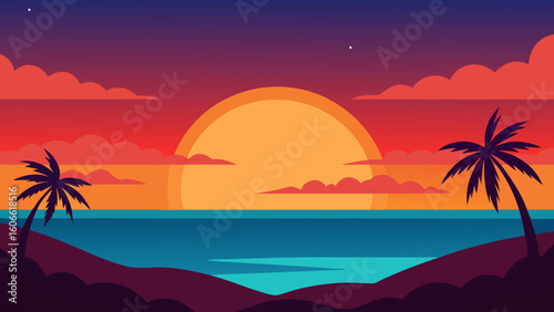 Breathtaking Sunset Over a Tropical Ocean Bay Digital Art Scene