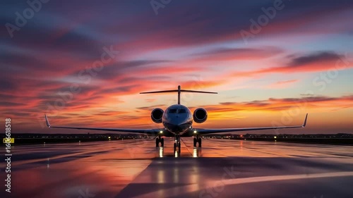 Luxury Jet on Wet Runway During Vibrant Colorful Sunset