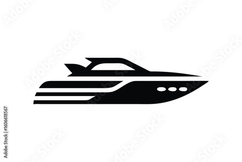 Sleek Black Speedboat Icon: Luxury Yacht, Fast Travel, Minimalist Design, Vector Graphic Illustration