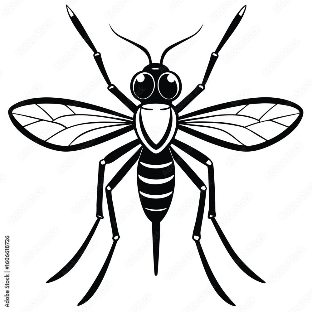 Fototapeta premium Stylized Mosquito Illustration with Detailed Wings and Prominent Proboscis Depicted in Black and White Vector Format