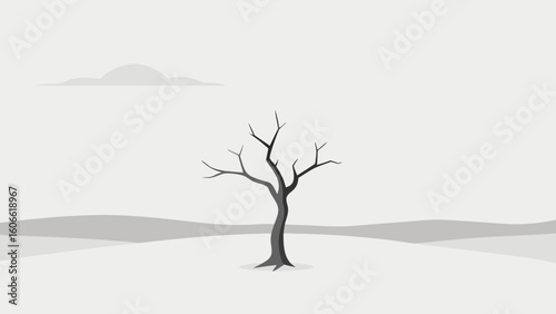 Minimalist art piece depicting a single gnarled tree a stunning natural beauty
