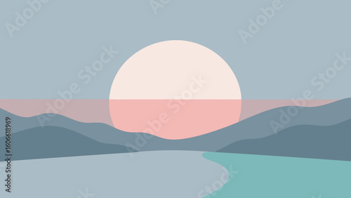 Minimalist dawn scene over a tranquil bay presented with serene elegance