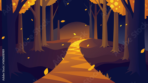 Magical scene of a forest path covered in fallen leaves an enchanted journey