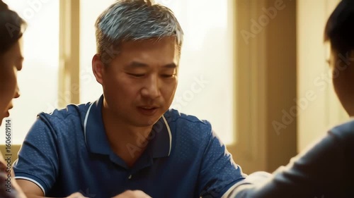 A middle aged Asian father having a meal with his family in a warmly lit dining room