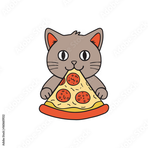 Smiling cat illustration biting into cheesy pizza