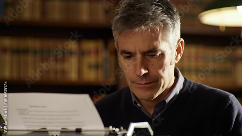 A focused middle-aged author carefully proofreading a manuscript on a vintage typewriter in a classic library