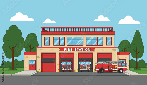 Modern fire station building with multiple fire trucks ready for emergency response, symbolizing public safety, courageous firefighters, vital community services, and immediate assistance