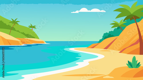 Idyllic tropical bay depicted in a captivating blend of artistic illustration