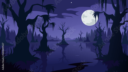 A Night Scene in a Bayou with Dark Still Water Reflections
