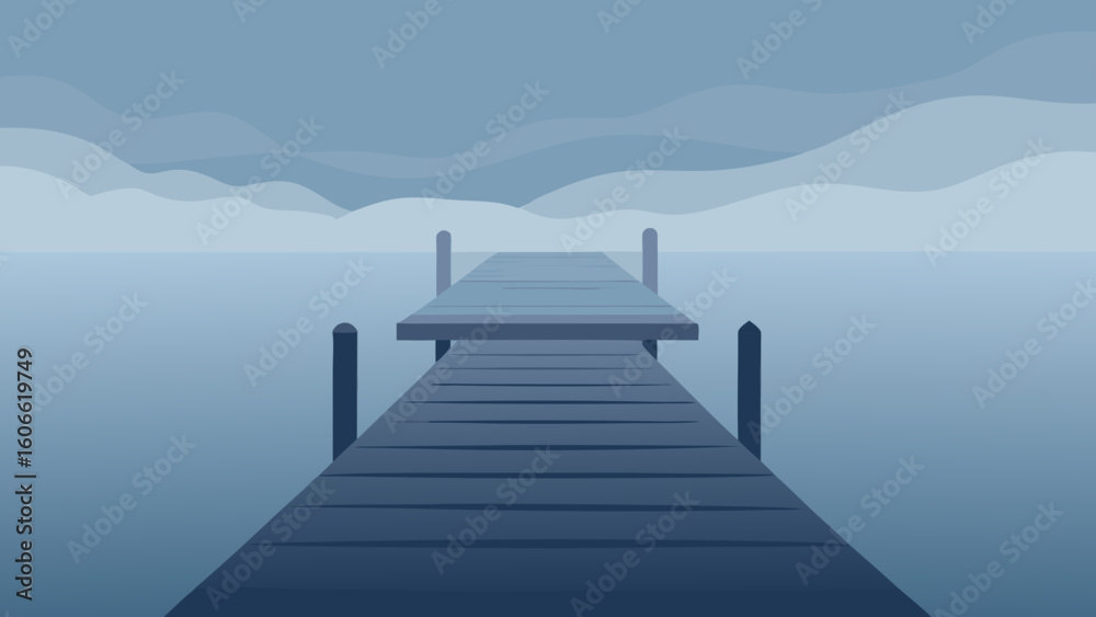 Fototapeta Peaceful Scene of a Wooden Fishing Pier on a Calm Lake at Sunset