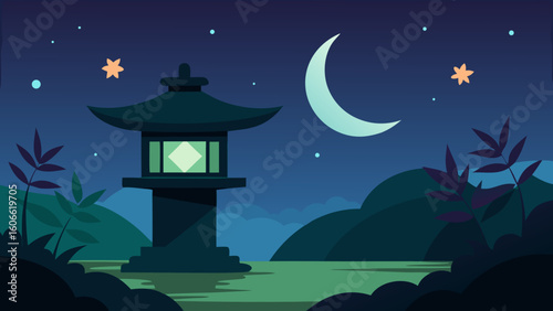 Peaceful Night Scene in a Japanese Garden Featuring a Lantern Glow