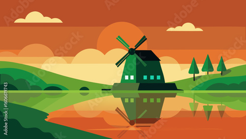 Peaceful Scene of a Traditional Dutch Polder Landscape with Windmills