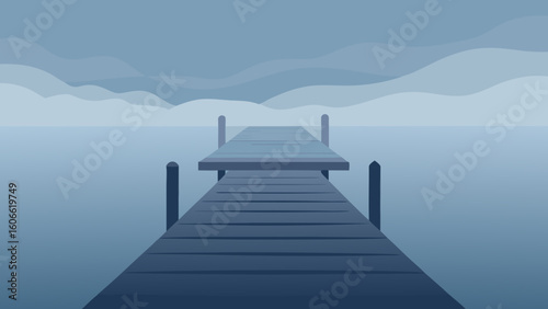 Peaceful Scene of a Wooden Fishing Pier on a Calm Lake at Sunset