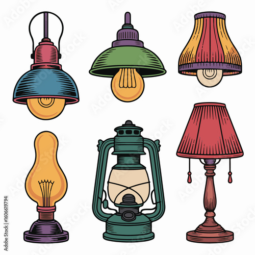 Hand-Drawn Colorful Vintage Lamps and Lanterns Icon Pack with Decorative Lighting