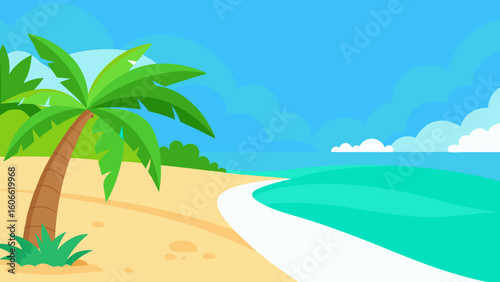 Serene Tropical Coastline in a Vivid 2D Cartoon Art Illustration Style
