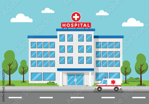 Modern hospital building exterior with ambulance parked outside, representing healthcare, medical services, emergency care, public health infrastructure, and a crucial facility for community 