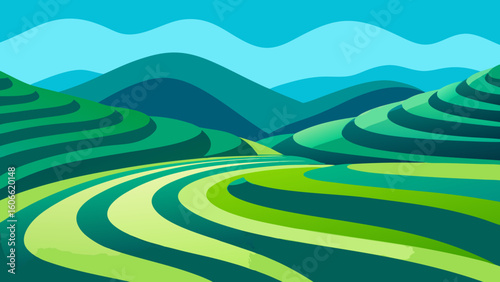Stylized Illustration of the Rice Terraces in Vietnam Lush Green Landscape