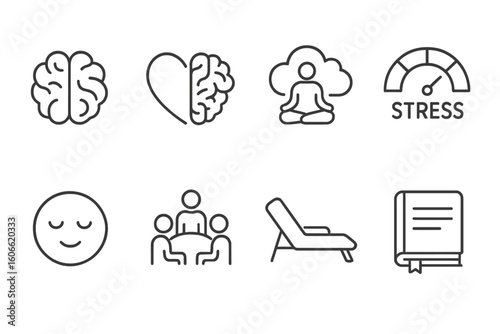 Mindfulness and mental health icons: brain, meditation, stress, family therapy, relaxation