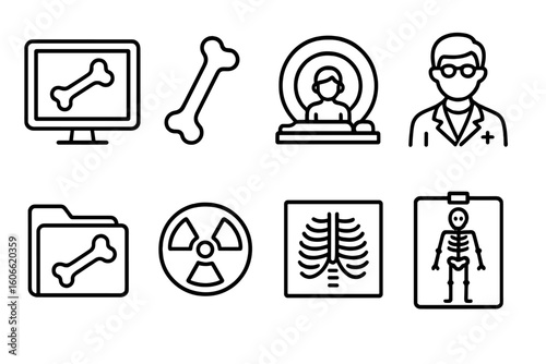 Radiology and bone imaging icons: x-ray, ct scan, mri, radiation, skeleton
