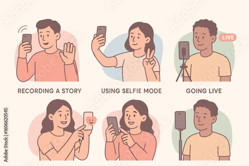 Young adults using smartphones for selfies stories and live streaming