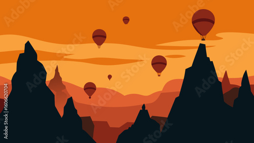 Vector Illustration of the Rock Formations of Cappadocia with Balloons