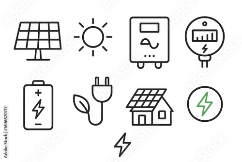 Sustainable energy icons featuring solar panels, battery, sun, plug, and eco-friendly symbols