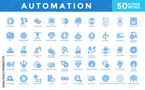 Automation icons set with automation, robot arm, conveyor belt, machine learning, ai, iot, algorithm, script, sensor, control panel icon. Simple retro vector 
