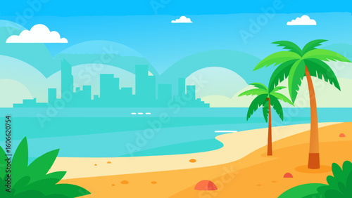Vibrant 2D Cartoon Art Background Scene of a Bustling City Street