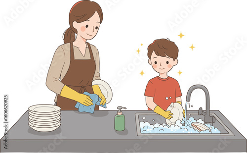 Happy Mother and Son Washing Dishes Together, Teaching Chores, Teamwork, and Family Responsibility in a Clean Kitchen Environment, Flat Vector Illustration
