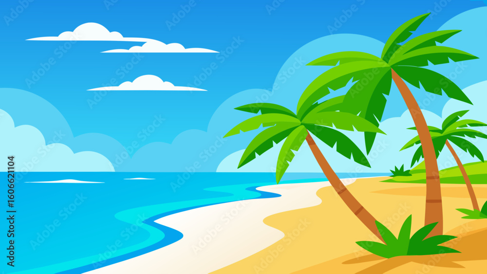 Obraz premium Vibrant 2D Cartoon Illustration of a Pristine Tropical Paradise Scene
