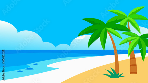 Vibrant 2D Cartoon Illustration of a Pristine Tropical Island Paradise