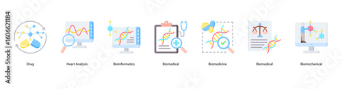 Biomedical innovation web banner icon vector illustration showing Drug, Heart Analysis, Bioinformatics, Biomedical, Biomedicine, Biomedical, and Biomechanical.