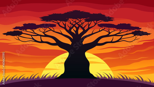 Vibrant Illustration of a Massive Ancient Gnarled Tree in Natural Setting