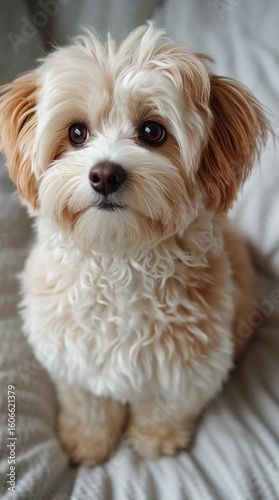 Cute fluffy dog with expressive eyes looking up. Cute small dog with fluffy curly fur indoors, small dog portrait, small dog indoor pet