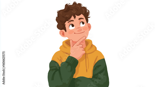 A digital illustration depicting a young teenage boy with brown curly hair. He is wearing a yellow and green hoodie.  The boy has a thoughtful expression on his face, with his hand gently resting
