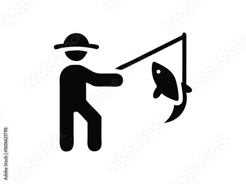 Simple black silhouette icon of a fisherman holding a rod with a fish caught on the line
