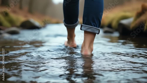 Person walking barefoot through a stream with rolled-up jeans  