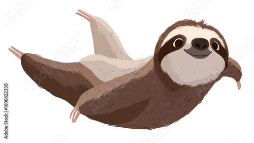 Digital illustration of a sloth depicted in mid-air, limbs outstretched. The style is cartoonish and whimsical, with soft, muted brown and beige tones.  The sloth has a simplified, almost childlike