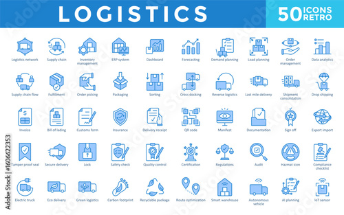  Logistics icons set with logistics network, supply chain, inventory management, erp system, dashboard, forecasting, demand planning, load planning, order management icon. Simple retro vector 
