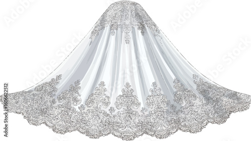 A digital illustration depicting a wedding veil. The veil is predominantly white or ivory, featuring an intricate lace or embroidered pattern concentrated along the bottom edge and cascading