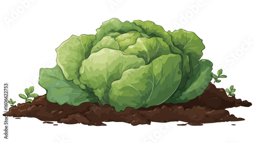 A digital illustration of a single head of fresh green lettuce nestled in brown soil. The lettuce is depicted in a cartoonish style with vibrant green leaves and a slightly textured appearance. 
