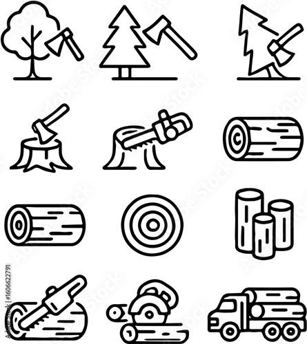 Essential Outline Icons Representing Forestry, Logging, and Wood Processing, Illustrating the Timber Industry Workflow